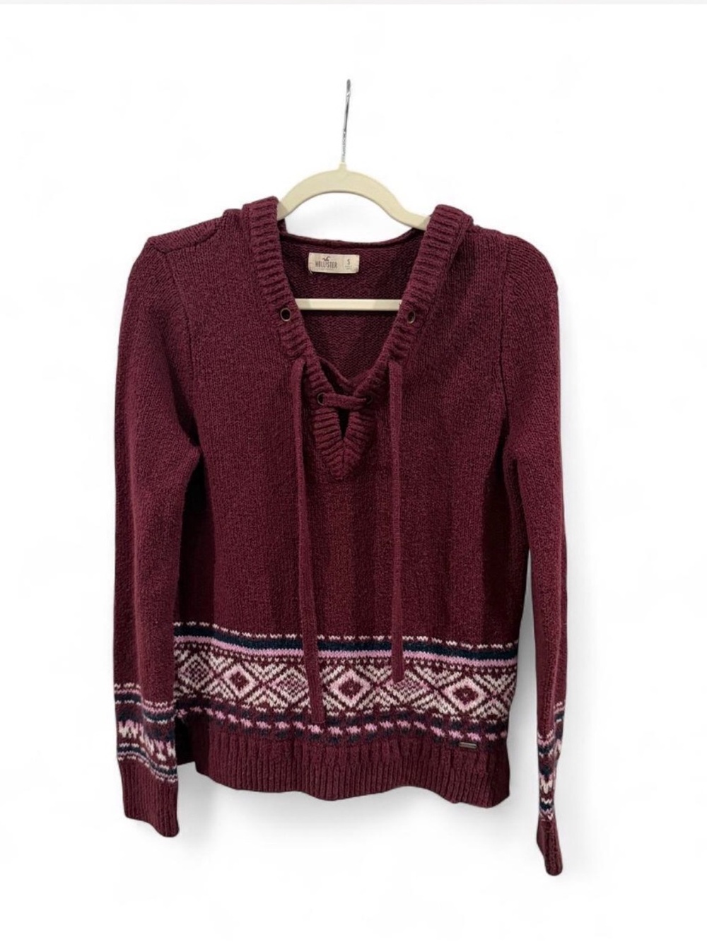 Hollister Burgundy Lace-Up V-Neck Sweater with Fair Isle Trim